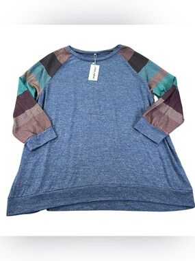 DOLNINE Plus Size 24W 3X Tunic Top Heather Blue Colorblock Raglan Sleeve NWT